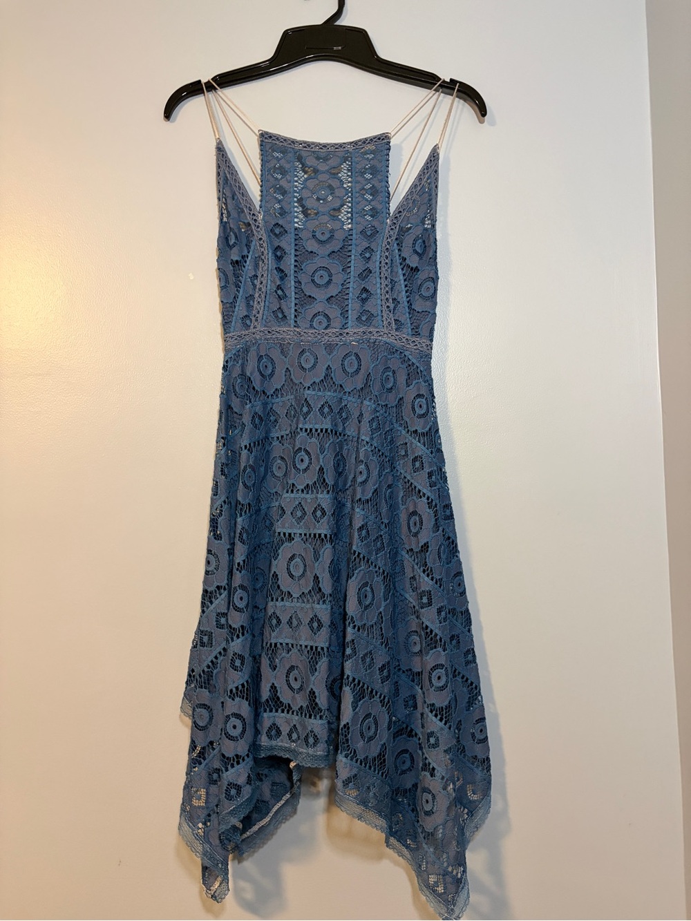 Free People Dusty Blue Lace Handkerchief-Hem Slip Dress